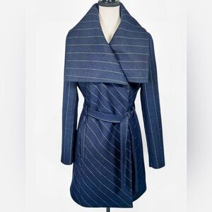 PBO Women’s Wool Blend Navy Striped Wrap Belted Coat | Size 4